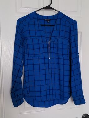 Express Royal Blue Grid Zip-Front Blouse